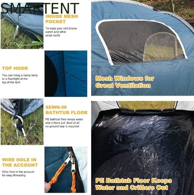 2.44*2.44*2.19M 6 Personen Blauw Waterdicht Gecoat Polyester Auto Camping Tent Met 2 Windows 4 Seizoen Quick Setup leverancier