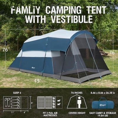 6.1*2.44*1.93M Buiten Dual Color Blauw-Grijz Waterdicht Gecoat Polyester Grote familie Kampertent Geschikt voor 6-8 personen leverancier
