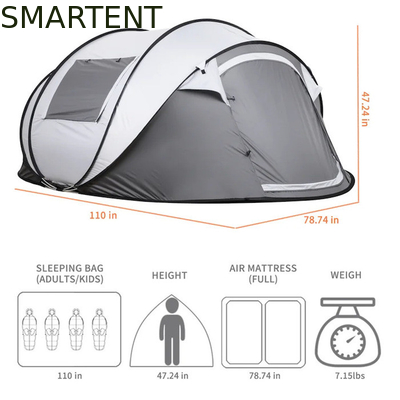 280*200*130CM Grijs Waterdicht PU2000MM Gecoat 190T Polyester 4-Season Pop Up Tent Boat Met Mesh Windows Voor Kamperen leverancier